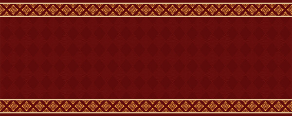 Regal Thai-inspired pattern background. Gold ornate border on deep red. Luxurious Thai design for elegant invitations or packaging. Traditional Thai motifs in rich colors. Thai art border. © ณฐพล บุสยบุตร