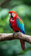 Obraz premium A vibrant parrot perches on a tree branch against a backdrop of a lush, green forest, its leaves densely covering the scene