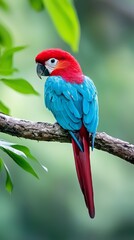  A red-and-blue parrot perches on a tree branch, adjacent to a green leafy one, against a background subtly blurred