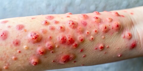 Close-up of a person's skin showing a characteristic maculopapular syphilis rash, featuring distinct red and pink