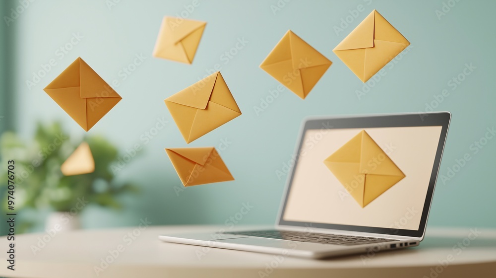 Wall mural inbox overflow: a silver laptop overflows with a cascade of digital envelopes, symbolizing the overw