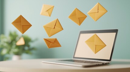 Inbox Overflow: A silver laptop overflows with a cascade of digital envelopes, symbolizing the overwhelming influx of emails in the digital age. 