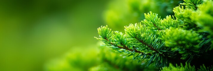  A sharp focus on a green pine branch, surrounded by an softly blurred backdrop of intermingled branches and leaves