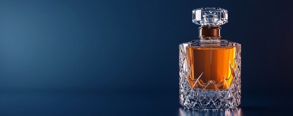 Elegant crystal decanter filled with premium whiskey on a dark blue background.