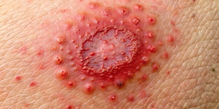 Close-up of a red, circular, itchy skin lesion with raised borders and central clearing, characteristic of tinea