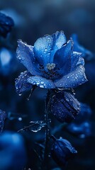  A tight shot of a blue bloom dotted with dewdrops, surrounded by a soft, blurred backdrop of blue blossoms