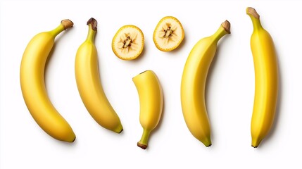Banana Bunch: A playful arrangement of whole and sliced bananas,  ready to be enjoyed,  against a crisp white background. Their vibrant yellow hues and smooth curves create a visually appealing and in