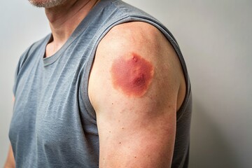Naklejka premium Close-up of a reddish, swollen, and inflamed axillary lump under the arm, with visible skin folds and veins,