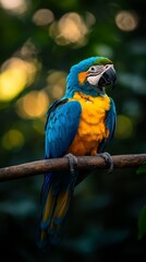 A parrot, colored blue and yellow, perches on a tree branch against a backdrop of a green and yellow forest