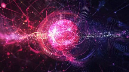 Abstract fiction vector illustration quantum computer technology. Sphere explosion background. Deep learning artificial intelligence. Big data visualization algorithms. Nice waves flow