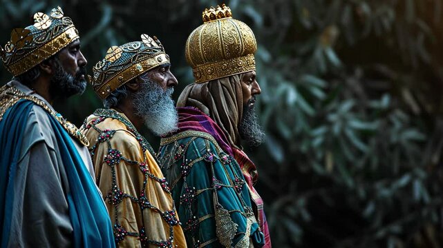 Three regal figures in traditional attire parade through a lush garden during a cultural festival celebration at twilight