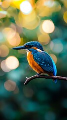 Fototapeta premium A blue and orange bird sits on a branch against a background blurred by soft, golden light