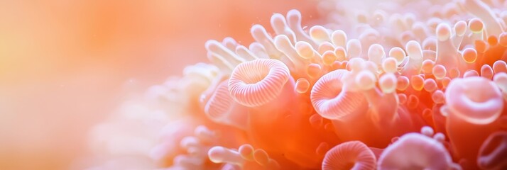  A tight shot of an orange-white sea anemone against a softly blurred seascape background