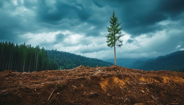 A solitary tree stands resilient against a backdrop of dark clouds and mountains, highlighting nature's strength amidst deforestation.