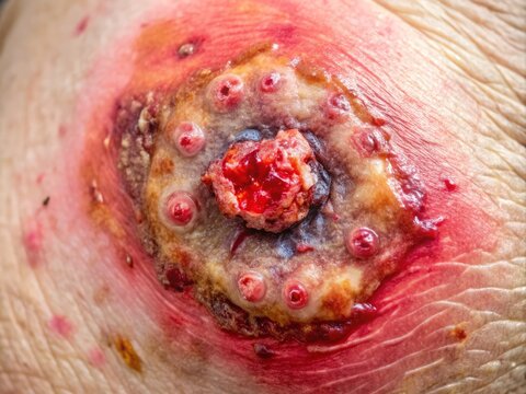 Close-up of a severe pressure ulcer on a patient's skin, showcasing redness, swelling, and open wounds, highlighting