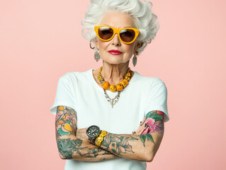 Obraz premium grandmother with tattoos on her arms, AI generated