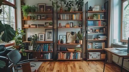 Stylish industrial bookshelf with black metal frame and solid wood shelves, adorned with decor items, set in a warm dining area with natural light.