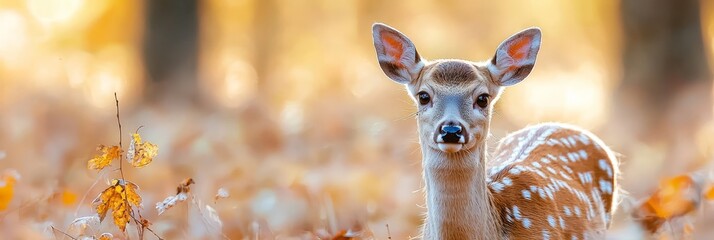  A tight shot of a deer in a meadow, surrounded by tall grasses In the distance, trees cast long shadows over the scene Foreground displays yellow autumn leaves