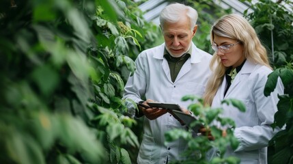 Team of biologists researching plant genetics in a lush green laboratory environment