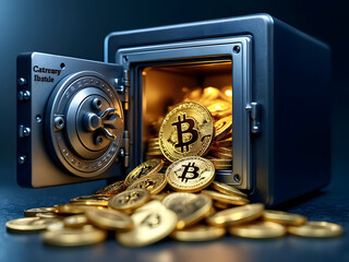 A secure vault filled with gleaming gold bitcoins, showcasing cryptocurrency wealth and investment potential
