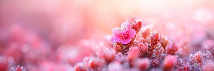  A tight shot of a solitary pink bloom amidst a sea of pink blossoms, each bearing pearls of dew on their petals