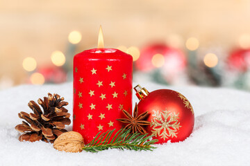 Christmas card with burning candle time decoration with copyspace copy space