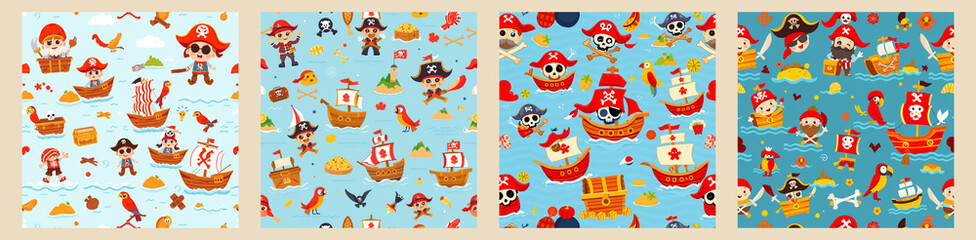 Set of 4 Playful Pirate Cartoon Patterns – Perfect for Food Wrapping Cloths, Hankies, and More!
