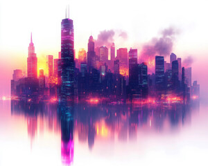 Fototapeta premium A colorful and surreal city skyline reflecting on the water, with vibrant lights and a dreamlike atmosphere at sunset.