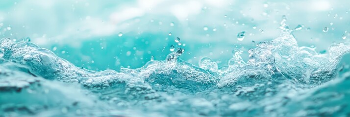  A tight shot of water droplets splashing on a tranquil body of water Blue sky overhead