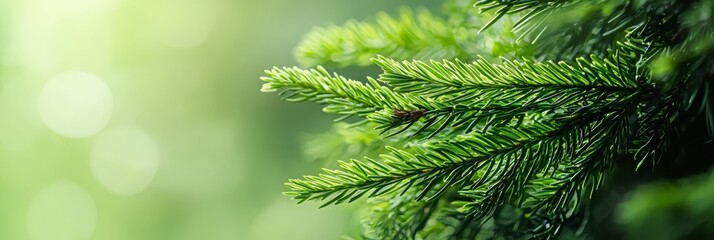 Obraz premium A pine tree branch in focus with a blurred backdrop of green leaves and a soft, blurred foreground of dappled light