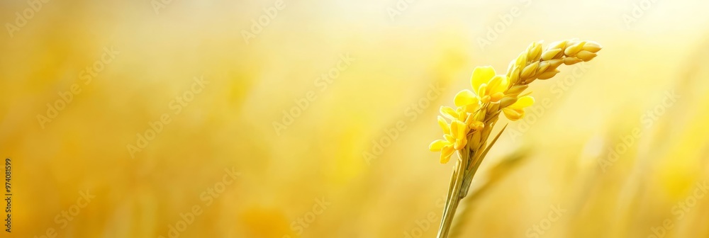 Poster a close-up of a yellow flower amidst a sea of tall grass, adorned with yellow blooms in the foregrou