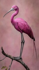 Obraz premium A pink bird on a tree branch against a pink backdrop sky