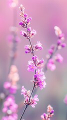 Obraz premium A tight shot of a purple flower atop its stem against a softly blurred backdrop of pink blossoms