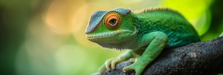 Obraz premium A tight shot of a green chameleon perched on a tree branch, surrounded by indistinct leaves in the backdrop