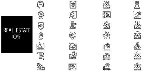 Real Estate simple concept 28 icons set. Contains such building, house, apartement, sale, rent, mortagage.Vector illustration.