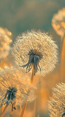  A dandelion in sharp focus, foreground Blurred sky above Dandelion seeds scattered, backdrop softly out of focus