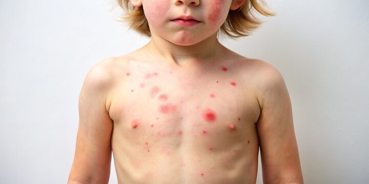 Close-up of a young child's torso showing a red, splotchy, and swollen skin rash, commonly associated with