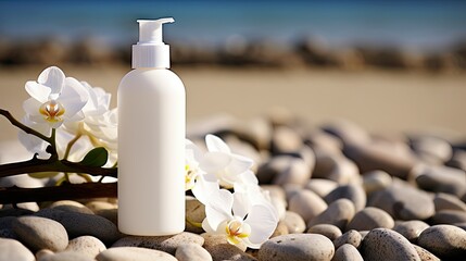 White lotion bottle on stones