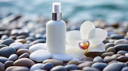 White bottle on a bed of stones