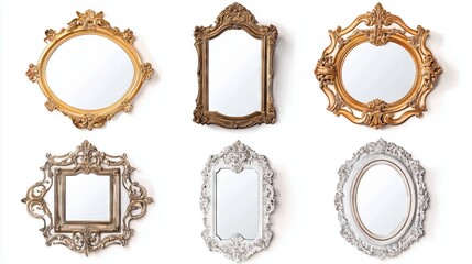 Set of vintage frame, hand mirror isolated on white