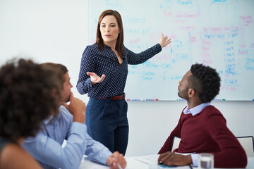 Business woman, pitch meeting and data presenter with board with presentation or ideas in seminar....