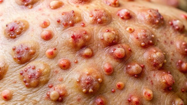 Close-up of multiple itchy, reddish-brown bumps and blisters on skin, resulting from sand fly bites, with surrounding