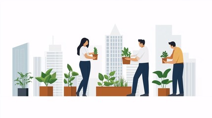 Urban Greenery: A team of diverse professionals plant greenery in the city, a concept of sustainable urban development and environmental responsibility