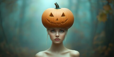 Woman Posing for Halloween Photo Shoot in a Misty Forest With a Pumpkin
