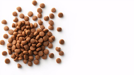 A Pile of Pet Food: Dry pet food kibble scattered on a clean white background, ideal for pet food packaging or animal care marketing materials.