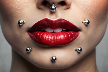 Close-up of various lip piercings, including labret, Madonna, Monroe, vertical labret, and Medusa, showcased on a