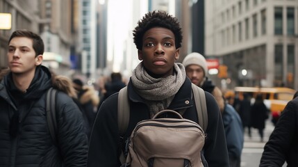 Fototapeta premium Navigating the Urban Maze: A young man navigates the bustling streets of New York City, his determined gaze reflecting the city's vibrant energy. 