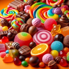 Fototapeta premium Delicious candy with orange background 