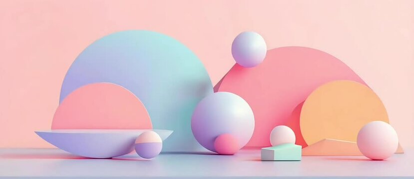 overlapping geometric shapes in pastel colors, with soft shadows and a smooth gradient in the background