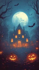 Spooky mansion, glowing pumpkins, and bats under the full moon, creepy Halloween scene.
